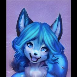  ai_generated anthro artbreeder black_body black_fur black_lips black_lipstick blue_body blue_eyes blue_fur canid canine cute_fangs ear_tuft ears_up fangs female fox fur hair inner_ear_fluff kemono kittehlazer krystal_(star_fox) lips lipstick looking_at_viewer looking_pleasured makeup mammal neural_network nintendo purple_background simple_background smile smiling_at_viewer solo solo_focus star_fox teeth thick_lips tongue tuft white_body white_fur 