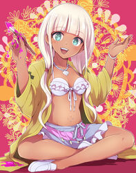  0aoiurn0 :d bead_bracelet beads bikini bikini_top_only bikini_under_clothes bracelet breasts collarbone danganronpa_(series) danganronpa_v3:_killing_harmony dark_skin female frilled_skirt frills front-tie_bikini_top front-tie_top grey_hair hands_up holding holding_paintbrush jacket jewelry long_hair long_sleeves miniskirt navel necklace no_shirt open_clothes open_jacket paintbrush pink_background shell shell_necklace shoes sitting skirt smile stomach swimsuit teeth twintails upper_teeth_only yonaga_angie 