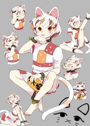  animal_ears barefoot bell black_choker blush_stickers brown_hair cat_ears cat_girl cat_tail chamaruk choker closed_eyes coin commentary_request female full_body gold goutokuji_mike goutokuji_mike_(cat) grey_background jingle_bell kneeling kneepits koban_(gold) leg_up legband licking licking_hand licking_leg looking_at_viewer maneki-neko multicolored_clothes multicolored_hair multiple_views nail_polish open_mouth orange_hair patchwork_clothes paw_pose puffy_short_sleeves puffy_sleeves red_eyes red_nails shirt short_hair short_sleeves simple_background streaked_hair tail thighs tongue tongue_out touhou white_hair white_shirt 