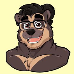  1:1 2020 anjing_kampuss anthro arctodus bear black_nose brown_body brown_fur bust_portrait eyewear fur glasses hi_res male mammal multicolored_body multicolored_fur portrait short-faced_bear simple_background solo spectacled_bear teeth two_tone_body two_tone_fur uku 