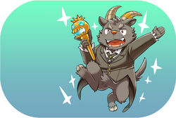  1boy black_suit body_fur creature cross_tie ei_(marutendon) fangs formal full_body furry furry_male goat_boy goat_horns goat_tail holding holding_staff horns male_focus no_pants one_eye_closed salomon_(housamo) short_hair solo staff suit thick_eyebrows tokyo_afterschool_summoners 