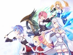  5girls bare_shoulders beatrice_(re:zero) blonde_hair blue_eyes blue_hair blue_ribbon blunt_bangs braid breasts capelet cleavage commentary_request crown detached_sleeves dress drill_hair emilia_(re:zero) flower frederica_baumann french_braid from_side fur-trimmed_capelet fur_trim gem green_eyes hair_flower hair_ornament hair_over_one_eye hair_ribbon holding holding_weapon light_purple_hair long_hair long_sleeves maid maid_headdress mini_crown miniskirt multiple_girls nemu_mohu oni open_mouth patrasche_(re:zero) pink_eyes pink_hair pleated_skirt pointy_ears purple_eyes ram_(re:zero) re:zero_kara_hajimeru_isekai_seikatsu red_capelet rem_(re:zero) ribbon roswaal_mansion_maid_uniform short_hair siblings simple_background sisters skirt smile symbol-shaped_pupils thighhighs twin_drills twins weapon white_background white_dress white_hair white_legwear x_hair_ornament zettai_ryouiki 