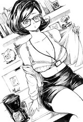  absurdres bra breasts coffee_maker collarbone commentary desk earrings endo_(ravenhart) english_commentary female glasses greyscale highres holding holding_clothes holding_shirt ink_(medium) jewelry large_breasts looking_at_viewer mole mole_on_breast monochrome office_lady olverse on_desk open_clothes open_shirt original pencil_skirt piggy_bank ravenhart shirt short_hair single_earring sitting skirt solo traditional_media underwear 