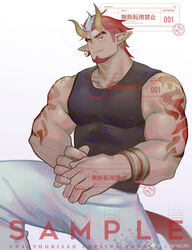  1boy absurdres amaimochi arm_tattoo bad_id bad_weibo_id bara black_tank_top covered_nipples demon_boy demon_horns demon_tail eyebrow_cut facial_hair feet_out_of_frame goatee highres horns large_hands large_pectorals light_smile looking_at_viewer male_focus mature_male multicolored_hair muscular muscular_male original pectorals pointy_ears red_hair sample_watermark short_hair sideburns solo streaked_hair tail tank_top tattoo thick_eyebrows watermark 