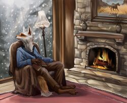  almatea anthro book canid canine clothing curtains equid equine fire fireplace fluffy fox horse lamp male mammal painting paws sitting snow snowing solo vase 