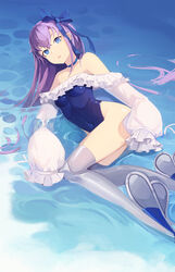  artist_request bangs bare_shoulders blue_eyes blue_ribbon breasts choker collarbone commentary_request fate/grand_order fate_(series) female grey_legwear hair_between_eyes hair_ribbon highres in_water long_hair long_sleeves looking_at_viewer medium_breasts meltryllis meltryllis_(swimsuit_lancer)_(fate) navel purple_hair ribbon sleeves_past_fingers sleeves_past_wrists solo swimsuit thighhighs very_long_hair water 