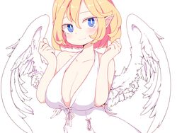  angel angel_wings blonde_hair blue_eyes blush breasts bright_pupils cleavage closed_mouth commentary dated_commentary dress female frfr hair_between_eyes highres large_breasts original pointy_ears short_hair simple_background smile solo upper_body white_background white_dress white_pupils wings 