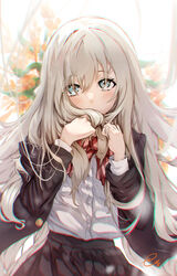  akebi-chan_no_serafuku bad_id bad_pixiv_id black_jacket black_skirt blazer blue_eyes blurry blurry_background collared_shirt commentary_request covering_own_mouth female flower flower_request grey_hair hair_between_eyes hair_over_eyes hair_over_mouth hand_in_own_hair hands_in_hair highres hiraiwa_hotaru holding holding_own_hair jacket long_hair open_clothes open_jacket pleated_skirt red_ribbon ribbon roubai_academy_school_uniform_(new) ruffling_hair school_uniform semino_hazuki shirt signature skirt solo striped striped_ribbon upper_body very_long_hair white_background 