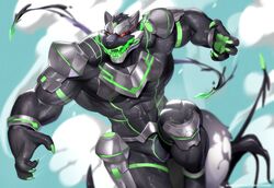  abs absurd_res anthro armor barazoku big_muscles claws goo_creature green_eyes hi_res huge_muscles kusunagi lifewonders live_a_hero male monomasa muscular muscular_anthro muscular_male pecs red_sclera slime solo supervillain tentacle 