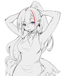  armpits arms_up bare_arms bare_shoulders blue_eyes breasts closed_mouth commentary cross cross_earrings dress earrings female girls&#039;_frontline hair_between_eyes hair_tie_in_mouth highres jewelry long_hair looking_at_viewer mdr_(cocktail_observer)_(girls&#039;_frontline) mdr_(girls&#039;_frontline) medium_breasts monochrome mouth_hold multicolored_hair no_heterochromia official_alternate_costume ponytail red_hair rero_(bigdoorbig2) simple_background sleeveless sleeveless_dress solo streaked_hair tying_hair very_long_hair white_background 