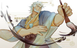  1boy absurdres amaimochi bad_id bad_weibo_id bara beard chinese_commentary facial_hair feet_out_of_frame foreshortening haori head_tilt highres holding holding_brush ink japanese_clothes kimono male_focus mature_male medium_hair muscular muscular_male original smile solo thick_eyebrows watermark white_hair yellow_kimono 