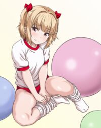  apita_(apitaro) ball blonde_hair brown_eyes buruma exercise_ball female gym_uniform hair_ornament iijima_yun looking_at_viewer loose_socks new_game! red_buruma shirt short_hair smile socks solo white_shirt white_socks 