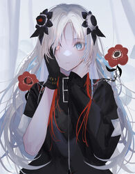  absurdres asymmetrical_sleeves black_gloves black_shirt blue_eyes blue_hair female flower gloves hair_ornament hair_over_one_eye hand_on_own_cheek hand_on_own_face hand_on_own_neck hands_up heterochromia highres isekai_joucho kamitsubaki_studio long_hair long_sleeves mismatched_sleeves multicolored_hair one_eye_covered parted_bangs parted_lips red_eyes red_flower red_hair shirt short_sleeves simple_background single_glove solo sutera_sea tears upper_body very_long_hair virtual_youtuber white_hair 