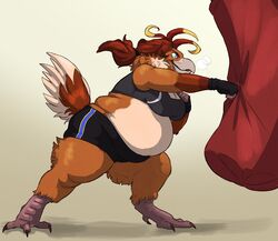  2018 4_toes 5_fingers anthro athletic_wear avian avian_feet beak belly big_belly big_breasts biped bird black_claws blonde_hair blue_eyes bottomwear boxing breasts brown_body brown_feathers brown_hair chicken claws cleavage clothed clothing digital_media_(artwork) exercise feathers feet female finger_claws fingers fully_clothed galliform gallus_(genus) gloves grey_beak gym_bottomwear gym_shorts hair handwear hi_res leaning leaning_forward love_handles luciellia midriff multicolored_body multicolored_feathers multicolored_hair non-mammal_breasts overweight overweight_anthro overweight_female phasianid punch punching_bag scuted_arms scutes shaded shadow shirt shorts side_view simple_background skimpy smile solo sport standing stocky tail tail_feathers tan_body tan_feathers tank_top thick_thighs toe_claws toes topwear wide_hips workout ysabelle_kentuck 