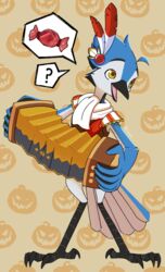  anthro avian bandoneon beak bird blue_body blue_jay breath_of_the_wild candy clothed clothing corvid cosplay costume dessert digital_media_(artwork) feathers food halloween halloween_costume hi_res holidays james_(bluepegasi) jay_(bird) kofeeo male multicolored_body multicolored_feathers musical_instrument new_world_jay nintendo open_mouth oscine passerine pattern_background pictographics simple_background solo standing the_legend_of_zelda yellow_eyes 