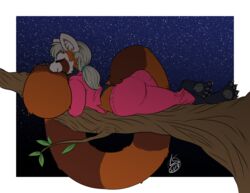  2019 ailurid anthro ass barefoot big_butt clothing cuddling_tail feet female herm_(lore) hi_res lunarspy mammal outside pajamas pawpads red_panda sleeping solo tail tail_pillow wide_hips ymalke_(yusarie) 