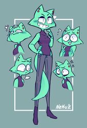  anthro bottomwear clothed clothing denim denim_bottomwear denim_clothing domestic_cat felid feline felis female fur green_body green_fur jeans linda_(nekuzx) mammal nekuzx pants simple_background 