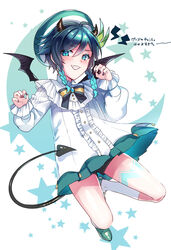  1boy aqua_eyes aqua_hair bare_legs bat_wings blue_hair bow bowtie demon_horns dress fangs genshin_impact hat highres horns kokuchuutei long_sleeves multicolored_hair nail_polish shoes single_horn smile teeth two-tone_hair venti_(genshin_impact) white_dress wings 