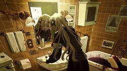  2girls absurdres aqua_eyes asymmetrical_legwear asymmetrical_sleeves bathroom bathtub black_coat blood blood_splatter blood_stain cabinet coat commentary cowboy_shot denn_(naluse_flow) expressionless faucet galleria_(vocaloid) grey_hair hair_ornament hair_over_one_eye highres indoors isekai_joucho kamitsubaki_studio lamp light_switch long_hair long_sleeves mirror multicolored_hair multiple_girls parted_lips red_hair reflection sink solo_focus tile_wall tiles toilet_paper toothbrush towel two-tone_hair uneven_sleeves virtual_youtuber wall_lamp 