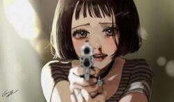  aiming aiming_at_viewer black_choker blood blurry blurry_foreground bob_cut brown_eyes brown_hair choker commentary crying crying_with_eyes_open depth_of_field female gun handgun highres holding holding_gun holding_weapon jewelry leon_the_professional light_particles looking_at_viewer mathilda_lando necklace nosebleed open_mouth pendant_choker pomu_(joynet) revolver ruger_sp101 shirt short_hair short_sleeves signature solo striped_clothes striped_shirt t-shirt tears teeth weapon 