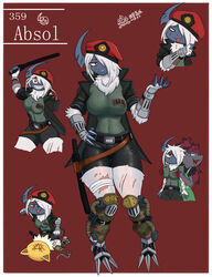  absol absurd_res ackee anthro arm_scar armor beret blood blue_eyes bodily_fluids border bottomwear breast_fondling breast_play breasts camo camo_print chest_tuft claws clothed clothed_anthro clothed_female clothing duo eye_scar eyebrows eyelashes facial_scar female female/female female_anthro fondling fur gauntlets generation_1_pokemon generation_3_pokemon generation_5_pokemon gloves green_eyes hair hand_on_breast handwear hat headgear headwear hi_res holster humanoid hypno_(pokemon) nintendo pants pokemon pokemon_(species) red_background red_eyes red_hair scar shirt simple_background thick_thighs thigh_scar topwear tuft violence white_body white_border white_fur white_hair wide_hips zoroark 