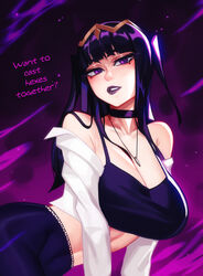  bare_shoulders black_hair breasts choker circle collarbone crop_top cut_bangs eyeliner female fire_emblem fire_emblem_awakening goth_fashion highres jacket jewelry large_breasts lipstick long_hair looking_at_viewer makeup midriff navel necklace parted_lips purple_eyes purple_lips qtori solo tharja_(fire_emblem) tiara white_jacket 