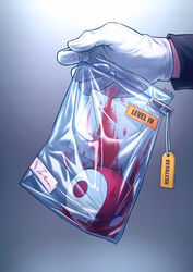  1other absurdres bag black_shirt blood blood_stain close-up commentary_request cursive dated gloves gradient_background hands highres orb plastic_bag royl shirt solo tag touhou white_gloves yin_yang yin_yang_orb ziploc_bag 