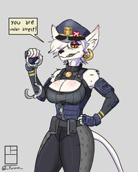  2022 4:5 absurd_res anthro armwear breasts clothed clothing cuff_(restraint) ear_piercing ear_ring elbow_gloves english_text female freckles fur furanshi gloves handwear hat headgear headwear hi_res mammal murid murine officer_flint_(foretbwat) piercing rat restraints ring_piercing rodent signature simple_background solo text text_box text_on_armwear text_on_clothing text_on_elbow_gloves text_on_gloves text_on_handwear white_body white_fur 