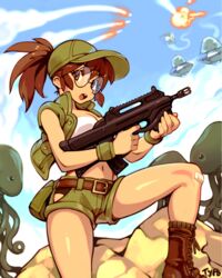  alien assault_rifle bad_id bad_twitter_id bandaid bandaid_on_knee bandaid_on_leg baseball_cap battle_rifle belt belt_pouch black_panties boots breasts brown_eyes brown_hair bullpup combat_boots commentary crop_top english_commentary female finger_on_trigger fio_germi fn_f2000 glasses green_shorts gun hat hip_vent holding holding_gun holding_weapon inactive_account leg_up long_hair mars_people metal_slug midriff missile navel open_clothes open_mouth open_vest optionaltypo panties pouch rifle round_eyewear short_shorts shorts small_breasts socks solo_focus strapless surrounded tube_top ufo underwear vest weapon wristband 