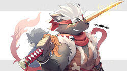  2boys animal_ears animal_nose body_fur border chest_tuft colored_sclera dog_boy dog_ears forehead_protector fur-trimmed_jacket fur_trim furry furry_male grey_border grey_fur grey_hair grin highres holding holding_sword holding_weapon jacket japanese_clothes kimono kinoshita_jiroh male_focus multiple_boys muscular muscular_male ninja pectoral_cleavage pectorals ponytail red_eyes red_scarf scar scar_on_face scarf sharp_teeth shino_(housamo) short_hair simple_background sleeveless sleeveless_jacket smile snout sword tadatomo_(housamo) teeth tokyo_afterschool_summoners translated weapon white_background white_hair yellow_sclera yin_yang 