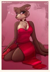  2021 anthro beastars blush border breasts brown_body brown_fur brown_nose canid canine canis chest_tuft choker cleavage clothed clothed_anthro clothed_female clothing countershade_face countershade_torso countershading digital_media_(artwork) dress dress_only fangs female fur hi_res inner_ear_fluff jewelry juno_(beastars) kneeling looking_at_viewer mammal multicolored_body multicolored_fur necklace one_shoulder_out red_clothing red_dress side_slit side_slit_clothing side_slit_dress signature single_strap single_strap_clothing single_strap_dress smile solo stargazer tan_body tan_countershading tan_fur teeth tuft two_tone_body two_tone_fur white_border wolf 