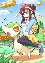  ?_block absurdres black_pantyhose blue_eyes blush bow breasts bright_pupils brown_hair closed_mouth cloud coin commentary_request day double_bun dragon_coin_(mario) female fence flying_sweatdrops grass hair_bun highres long_hair long_tongue mario_(series) merugamu_melgum outdoors pantyhose pantyhose_under_shorts pink_bow pokemon pokemon_(creature) pokemon_bw2 raglan_sleeves riding riding_pokemon rosa_(pokemon) rotating_block shirt shoes short_shorts shorts sign sitting sky smile sneakers snivy tongue tongue_out tree twintails visor_cap white_pupils yellow_shorts 