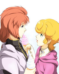  2girls audrey_burne blonde_hair brown_hair cape commentary_request eating enfuku eye_contact food green_eyes gundam gundam_unicorn ice_cream long_hair looking_at_another marida_cruz military military_uniform mineva_lao_zabi multiple_girls open_mouth purple_eyes short_hair simple_background uniform white_background yuri 