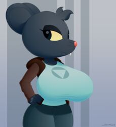  anthro big_breasts black_body black_eyes bottomwear breasts buckteeth clothing female hi_res huge_breasts jacket lori_meyers mammal mouse murid murine night_in_the_woods pants rodent shirt slickehedge smile solo teeth topwear whiskers 