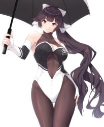  animal_ears azur_lane bodystocking bow breasts brown_eyes brown_hair cleavage cleavage_cutout clothing_cutout cowboy_shot elbow_gloves enchuu_kakiemon extra_ears female fingerless_gloves floppy_ears gloves highres holding holding_umbrella large_breasts leotard linea_alba logo long_hair multicolored_leotard official_alternate_costume race_queen ribbon smile solo strapless strapless_leotard takao_(azur_lane) takao_(full_throttle_charmer)_(azur_lane) taut_bodystocking umbrella white_background white_bow white_ribbon 