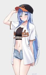  arm_up bae_minah_(chaesu) baltimore_orioles baseball_cap black_hat black_shirt blue_eyes blue_hair blue_shorts breasts buttons closed_mouth collarbone cowboy_shot crop_top cutoffs denim denim_shorts female hat highres kaetzchen long_hair looking_at_viewer major_league_baseball medium_breasts midriff navel open_clothes open_fly open_shirt original pout shirt short_shorts short_sleeves shorts simple_background solo standing stomach thighs undershirt very_long_hair white_background white_shirt 