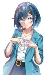  ahoge aqua_hair aqua_jacket aqua_skirt bad_id bad_pixiv_id belt black_belt blush braid collarbone commentary_request delicious_party_precure female fuwa_kokone green_eyes hair_ornament hairclip heart heart_hands highres jacket looking_at_viewer makeup medium_hair open_clothes open_jacket pencil_skirt pink_lips precure semino_hazuki shirt side_braid signature simple_background skirt solo upper_body white_background white_shirt 