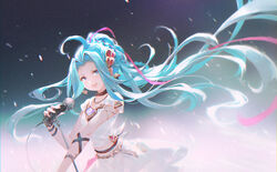  ahoge black_choker black_gloves blue_eyes blue_hair bracelet choker chromatic_aberration crop_top earrings female fingerless_gloves gloves granblue_fantasy hair_intakes hair_ornament hair_ribbon holding holding_microphone jewelry long_hair lyria_(born_to_be_snowdos)_(granblue_fantasy) lyria_(granblue_fantasy) microphone official_alternate_costume open_mouth ponytail ribbon shirt skirt solo very_long_hair vienri white_shirt white_skirt 