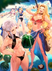  5girls :d abs astraea_(fate) barefoot beach bikini blonde_hair blue_hair bracelet breasts chin_piercing club_(weapon) coconut commentary_request crossed_arms drill_hair fate/grand_order fate_(series) food fruit gradient_hair green_nails hand_on_own_hip jewelry kanabou kingprotea_(fate) kodama_(wa-ka-me) large_breasts luviagelita_edelfelt martha_(fate) martha_(swimsuit_ruler)_(fate) martha_(swimsuit_ruler)_(third_ascension)_(fate) medium_breasts multicolored_hair multiple_girls muscular muscular_female navel obliques one-piece_swimsuit one_eye_closed open_mouth outdoors penthesilea_(fate) purple_hair quetzalcoatl_(fate) sharp_teeth smile spiked_club standing swimsuit teeth watermelon weapon white_hair 