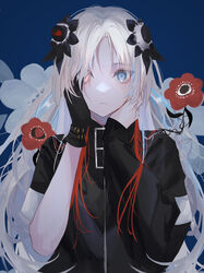  absurdres asymmetrical_sleeves black_gloves black_shirt blue_background blue_eyes blue_hair female flower gloves hair_ornament hair_over_one_eye hand_on_own_cheek hand_on_own_face hand_on_own_neck hand_up heterochromia highres isekai_joucho kamitsubaki_studio long_hair long_sleeves mismatched_sleeves multicolored_hair one_eye_covered parted_bangs parted_lips red_eyes red_flower red_hair shirt short_sleeves simple_background single_glove solo sutera_sea tears upper_body very_long_hair virtual_youtuber white_hair 