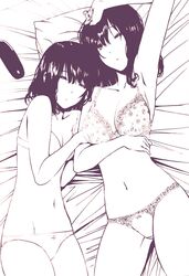  2girls arm_hug armpits black_hair blush bow bow_panties bra breasts cleavage closed_eyes commentary_request cowboy_shot glasses_case highres lace lace-trimmed_bra lace-trimmed_panties lace_trim large_breasts lingerie lying medium_breasts medium_hair monochrome multiple_girls navel ogino_jun on_bed one_eye_closed original panties pillow sleeping underwear underwear_only waking_up white_background yuri 