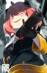  ahoge anya&#039;s_heh_face_(meme) anya_(spy_x_family) black_gloves double_bun eden_academy_school_uniform female gloves green_eyes gun hair_bun handgun holding holding_gun holding_weapon lolicon long_sleeves meme phibonnachee pink_hair school_uniform smile spy_x_family suppressor weapon 