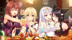  4girls :d ^_^ an&#039;youshi_makoto animal_ears black_hair blonde_hair breasts brown_hair closed_eyes closed_mouth collarbone cup daria_kirdyapkina detached_collar dress elf fox_ears fox_tail game_cg green_eyes halterneck hand_on_another&#039;s_shoulder holding holding_cup index_finger_raised indoors long_hair medium_breasts multiple_girls muutsuki neckerchief official_art open_mouth pointy_ears poking purple_eyes purple_sailor_collar purple_shirt red_neckerchief sailor_collar sailor_shirt shiny shiny_hair shirasaki_natsu shirt silver_hair sleeveless sleeveless_dress sleeveless_shirt smile sweatdrop tail tokiwagi_yuki unjou_no_fairy_tale upper_body very_long_hair white_dress yellow_eyes 