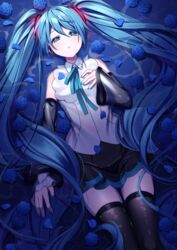  :o absurdres afloat aqua_eyes aqua_hair aqua_nails arm_at_side bare_shoulders blue_flower blue_rose commentary cowboy_shot detached_sleeves dot_nose female flower flower_on_liquid hair_between_eyes half-closed_eyes hand_on_own_chest hatsune_miku hatsune_miku_(nt) headphones headset highres inu8neko long_hair lying lying_on_water nail_polish neck_ribbon on_back on_liquid partially_submerged petals petals_on_liquid piapro ribbon rose see-through see-through_legwear see-through_sleeves shirt skirt sleeveless sleeveless_shirt solo spotlight thighhighs thighs twintails very_long_hair vocaloid water white_shirt wing_collar zettai_ryouiki 