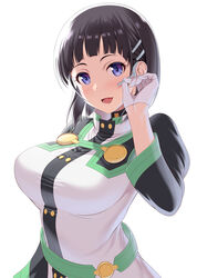  augma black_hair blue_eyes blush breasts earphones female gloves hair_ornament hairclip highres kawase_seiki kirigaya_suguha large_breasts looking_at_viewer open_mouth short_hair smile solo sword_art_online sword_art_online_the_movie:_ordinal_scale white_gloves 