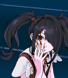  ame-chan_(needy_girl_overdose) black_eyes black_hair black_ribbon blood blood_on_clothes blood_on_face blood_stain eencya english_commentary female hair_ornament hair_over_one_eye hand_on_own_cheek hand_on_own_face long_hair looking_at_viewer neck_ribbon needy_girl_overdose official_art perfect_blue pixel_art ribbon scene_reference short_sleeves solo suspenders twintails upper_body x_hair_ornament 