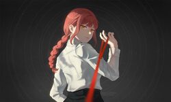  39daph braid braided_ponytail chainsaw_man collared_shirt female grey_background highres holding holding_leash leash looking_at_viewer looking_back makima_(chainsaw_man) medium_hair pov red_hair ringed_eyes shirt shirt_tucked_in sidelocks simple_background smile solo twitter_username viewer_on_leash white_shirt yellow_eyes 