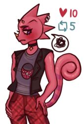  alternative_fashion animal_crossing anthro challenge chameleon clothing flick_(animal_crossing) geshache hi_res lizard male nintendo punk purple_eyes red_body reptile scalie solo undressing 