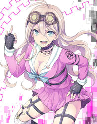  0aoiurn0 :d ahoge antenna_hair barbed_wire black_choker blonde_hair blue_eyes blush breasts choker cleavage danganronpa_(series) danganronpa_v3:_killing_harmony female fingerless_gloves gloves goggles goggles_on_head hair_between_eyes highres index_finger_raised iruma_miu large_breasts long_hair long_sleeves looking_at_viewer miniskirt multicolored_background open_mouth school_uniform shirt skirt smile teeth tongue 