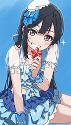  black_hair blue!_(love_live!) blue_background blush collarbone earrings female grey_eyes grin hat holding icehotmilktea jewelry long_hair looking_at_viewer love_live! love_live!_nijigasaki_high_school_idol_club midriff one_side_up sidelocks sitting smile solo sparkle upper_body yuki_setsuna_(love_live!) 